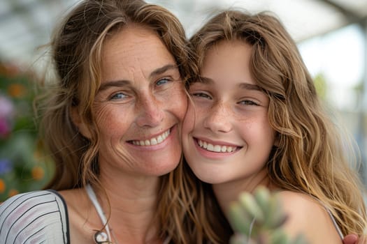 Happy mother's day! Child daughter congratulates mom and gives her flowers. Mum and girl smiling and hugging. Family holiday and togetherness. ai generated