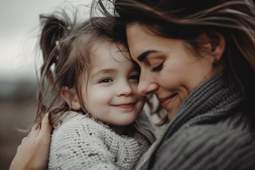 Happy mother's day! Child daughter congratulates mom and gives her flowers. Mum and girl smiling and hugging. Family holiday and togetherness. ai generated