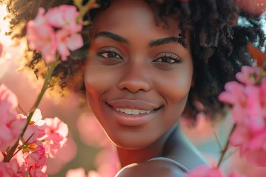 International Women's Day. portrait of happy woman in flowers outdoors. ai generated