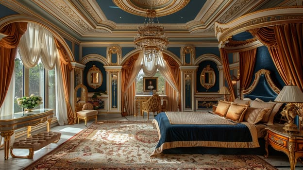 Opulent bedroom with a velvet canopy bed and gold decorative elements.