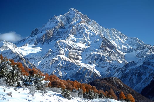 Snow-covered mountain peaks under clear blue sky, inspiring adventure and tranquility.