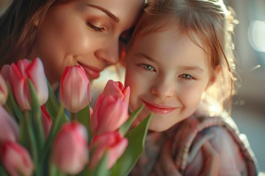 Happy mother's day! Child daughter congratulates mom and gives her flowers. Mum and girl smiling and hugging. Family holiday and togetherness. ai generated