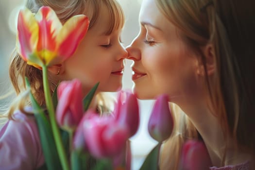 Happy mother's day! Child daughter congratulates mom and gives her flowers. Mum and girl smiling and hugging. Family holiday and togetherness. ai generated