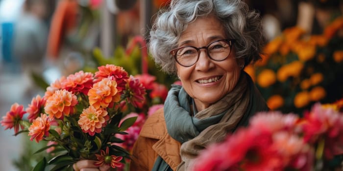 International Women's Day. portrait of happy mature woman holding flowers . ai generated