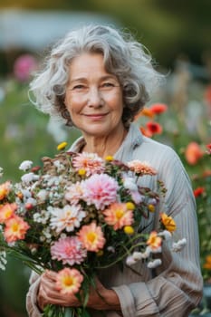 International Women's Day. portrait of happy mature woman holding flowers . ai generated