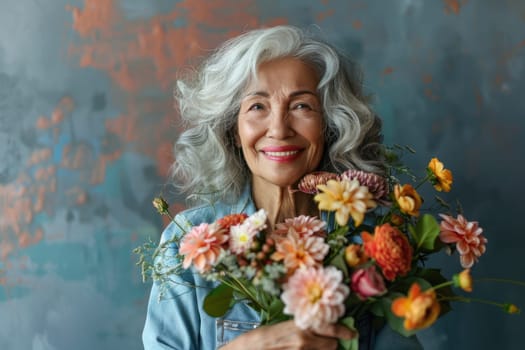 International Women's Day. portrait of happy mature woman holding flowers . ai generated