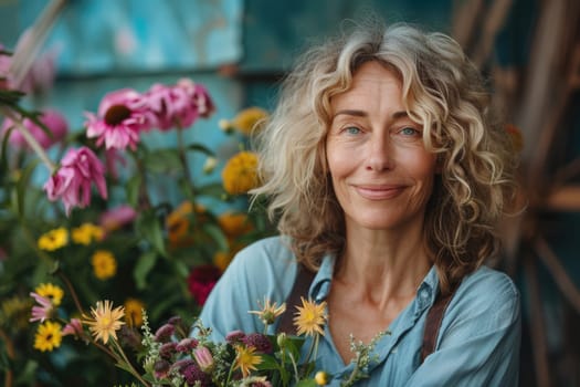 International Women's Day. portrait of happy mature woman holding flowers . ai generated