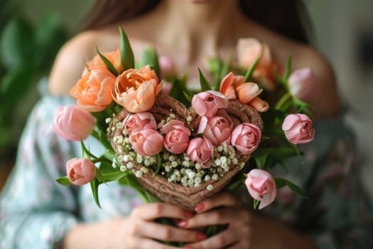 International Women's Day. portrait of happy woman holding flowers . ai generated