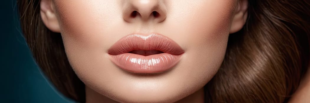 Close-up woman’s lower face, showcasing clear complexion against a blue background. Image captures detail of skin texture, lips, used for skin care promotion