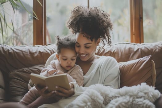 Happy mother's day! Mother and daughter smiling and hugging, reading a book. Family holiday and togetherness. ai generated