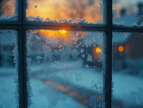 Macro shot of frost on windowpane, illustrating winter and cold.