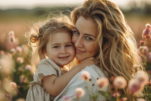 Happy mother's day! Child daughter congratulates mom and gives her flowers. Mum and girl smiling and hugging. Family holiday and togetherness. ai generated