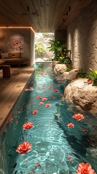 Serene water-themed spa with indoor ponds and floating flower arrangements