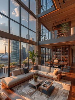 Luxurious penthouse suite with floor-to-ceiling windows, modern decor, and a rooftop terrace.