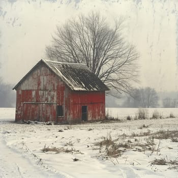 Rustic barn in snowy landscape, representing rural life and winter.