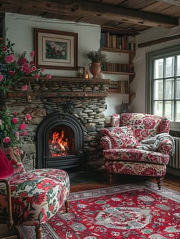 Traditional English cottage living room with floral patterns and cozy fireplace.