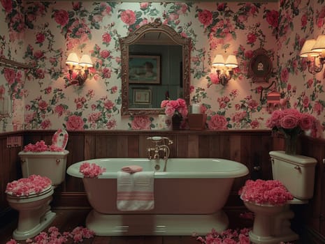 Elegant powder room with floral wallpaper and antique mirror.