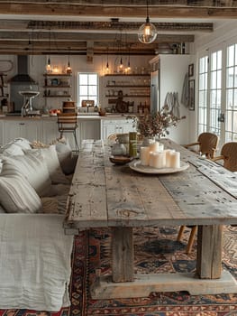 Warm and inviting dining room with a rustic farmhouse table and candle chandelier.