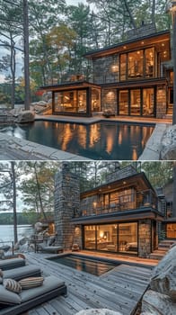 Rustic lakeside retreat with natural stone fireplace and large wooden deck