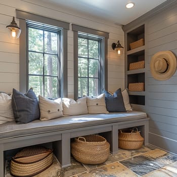 Modern farmhouse mudroom with storage benches and shiplap walls.