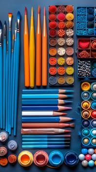 Set of art supplies neatly arranged, representing creativity and arts.