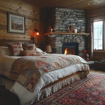 Cozy mountain cabin bedroom with a log bed, quilted blankets, and a stone hearth.