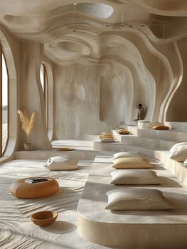Modern minimalist meditation room with serene white decor and subtle sand textures
