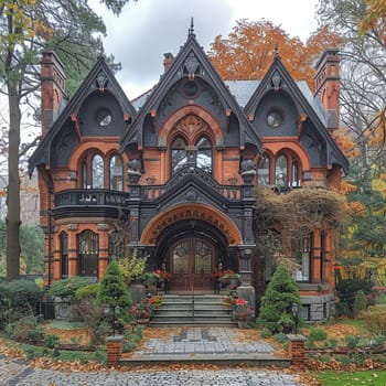Ornate Gothic Revival House with Pointed Arches, gothic architectural grandeur.