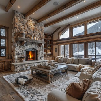 Cozy mountain cabin living room with a stone fireplace and wooden beams.