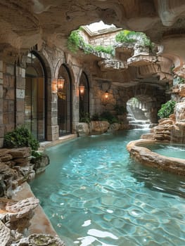 Outdoor-inspired indoor swimming pool with natural rock formations and waterfalls