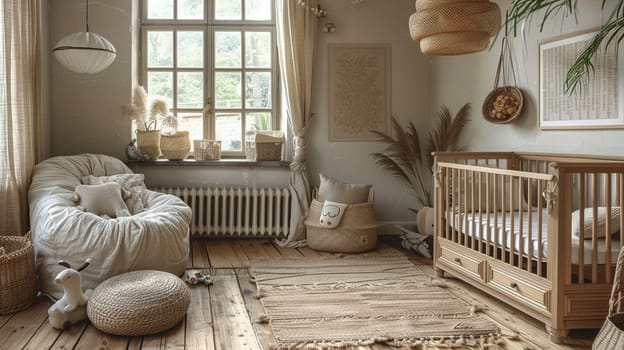 Minimalist Scandinavian nursery with natural wood, soft textiles, and muted colors.