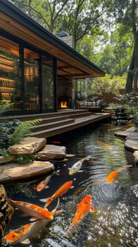 Tranquil koi pond with a surrounding sitting area and lush landscaping.