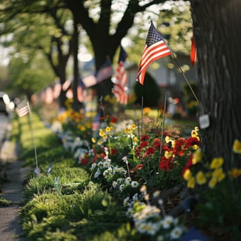 flowers and flags. memorial or remembrance day. ai generated