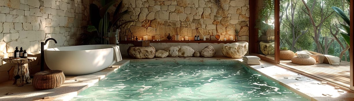 Tranquil spa-like bathroom with a freestanding tub and natural stone tiles.