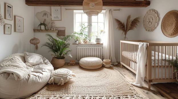 Minimalist Scandinavian nursery with natural wood, soft textiles, and muted colors.