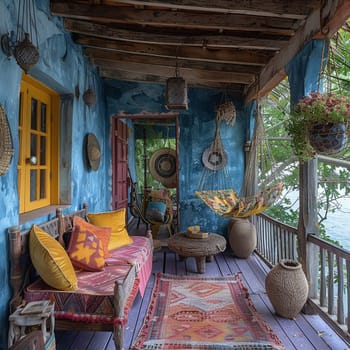 Colorful and Eclectic Decorations on Bohemian Bungalow, with outdoor hammock.