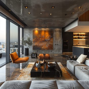 Sleek and stylish bachelor pad with modern art, state-of-the-art tech, and minimalist furniture.