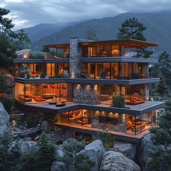 Modern Home Integrated into Rugged Mountain Landscape, mountain modern architecture.