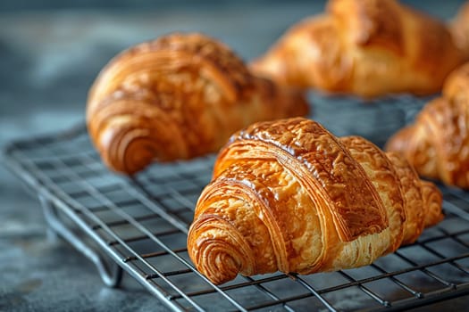 Freshly baked croissants on cooling rack, evoking aroma and breakfast delights.