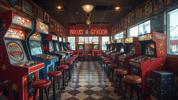 Retro arcade with classic video games, pinball machines, and a snack bar.