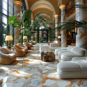 Lavish hotel lobby with marble floors, lush plants, and comfortable seating areas