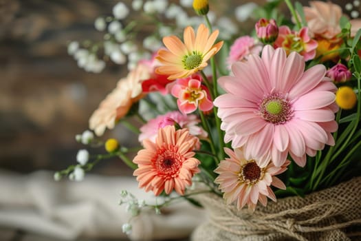 Flowers composition for Valentine's, Mother's or Women's Day. Pink flowers and card on old white wooden background. ai generated