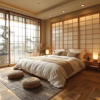 Minimalist Japanese-inspired bedroom with sliding shoji screens.