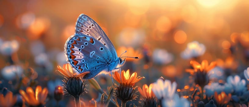 Macro shot of butterfly on wildflower, representing transformation and beauty.