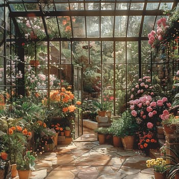 Victorian greenhouse with a collection of exotic plants and flowers.