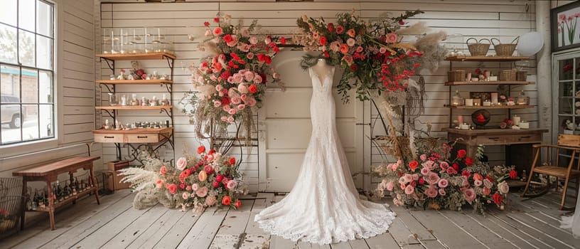 Boho-chic bridal boutique with vintage dresses and a floral arch.