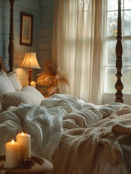 Romantic bedroom with soft lighting, sheer curtains, and a four-poster bed