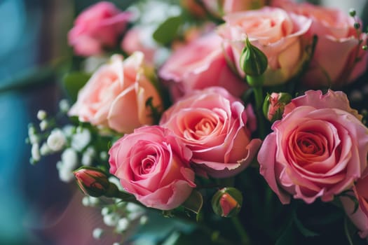 Flowers composition for Valentine's, Mother's or Women's Day. Pink flowers and card on old white wooden background. ai generated