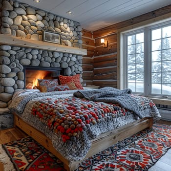 Cozy mountain cabin bedroom with a log bed, quilted blankets, and a stone hearth.