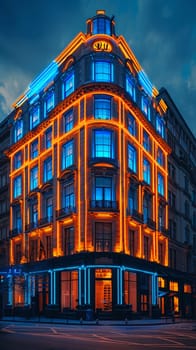 Classic Art Deco Facades on Historic Building, illuminated with neon lights.